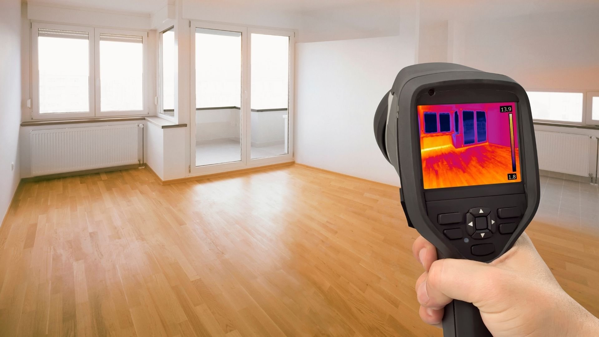 Thermal imaging camera displaying heat signature of empty apartment room with windows